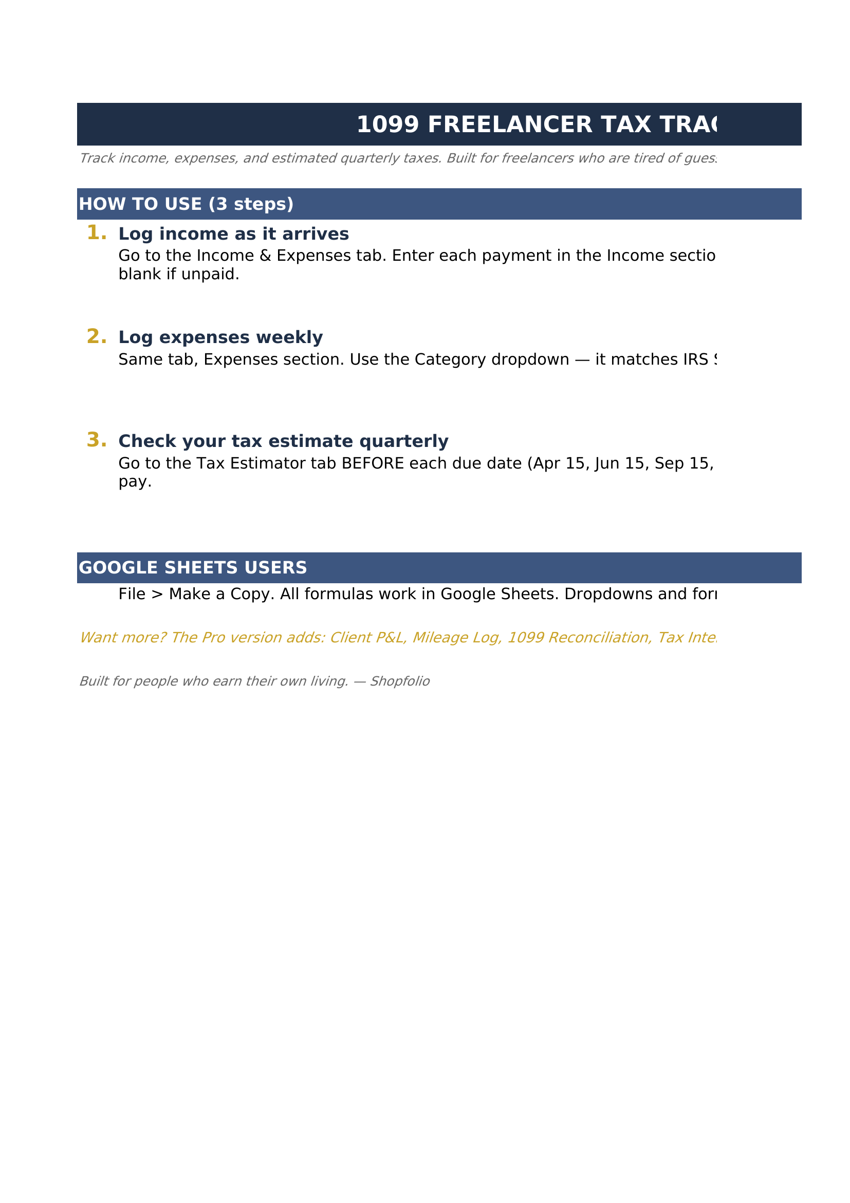 Freelancer Tax Tracker with income log and quarterly estimates