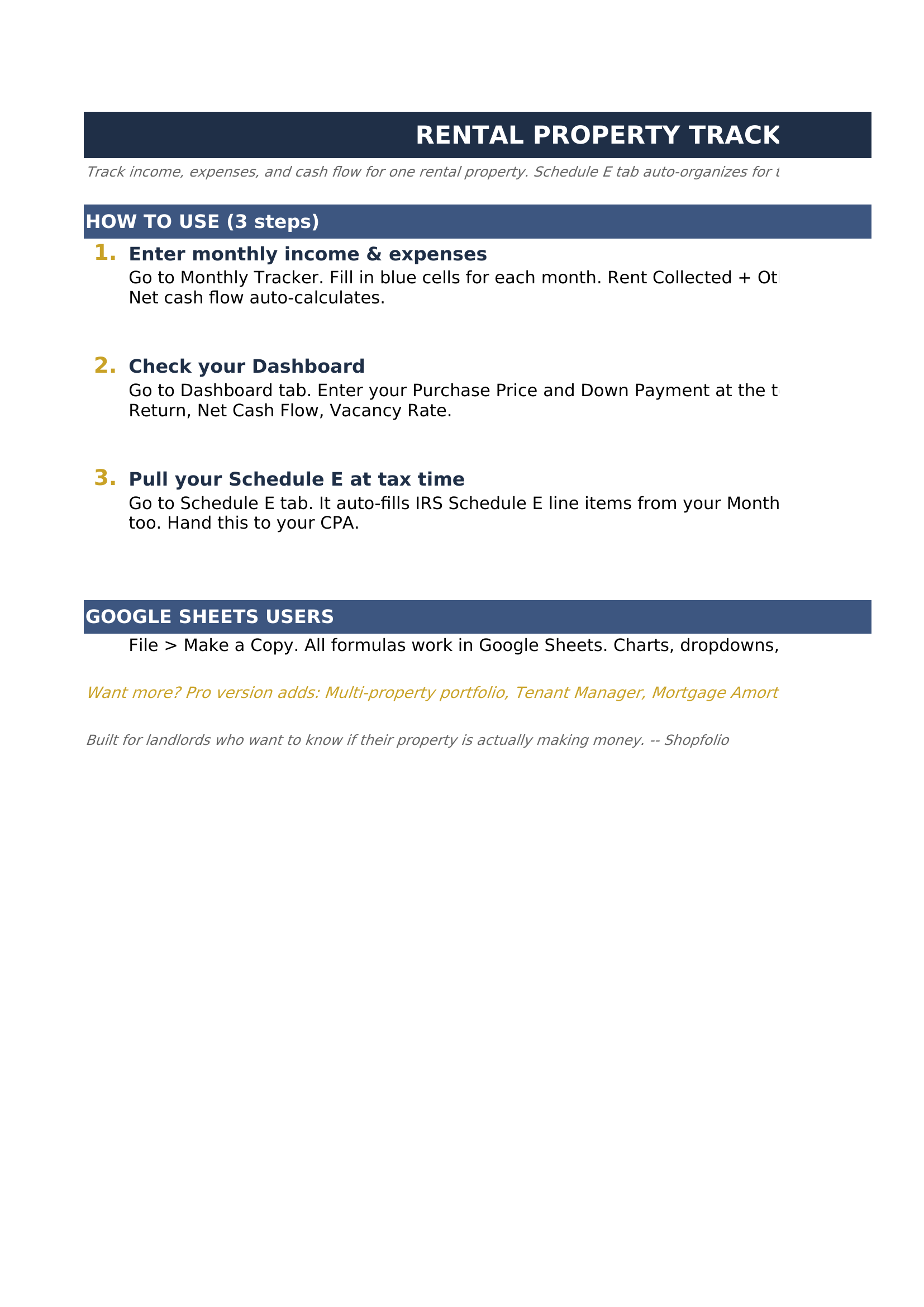 Rental Property Tracker with monthly income and expense grid