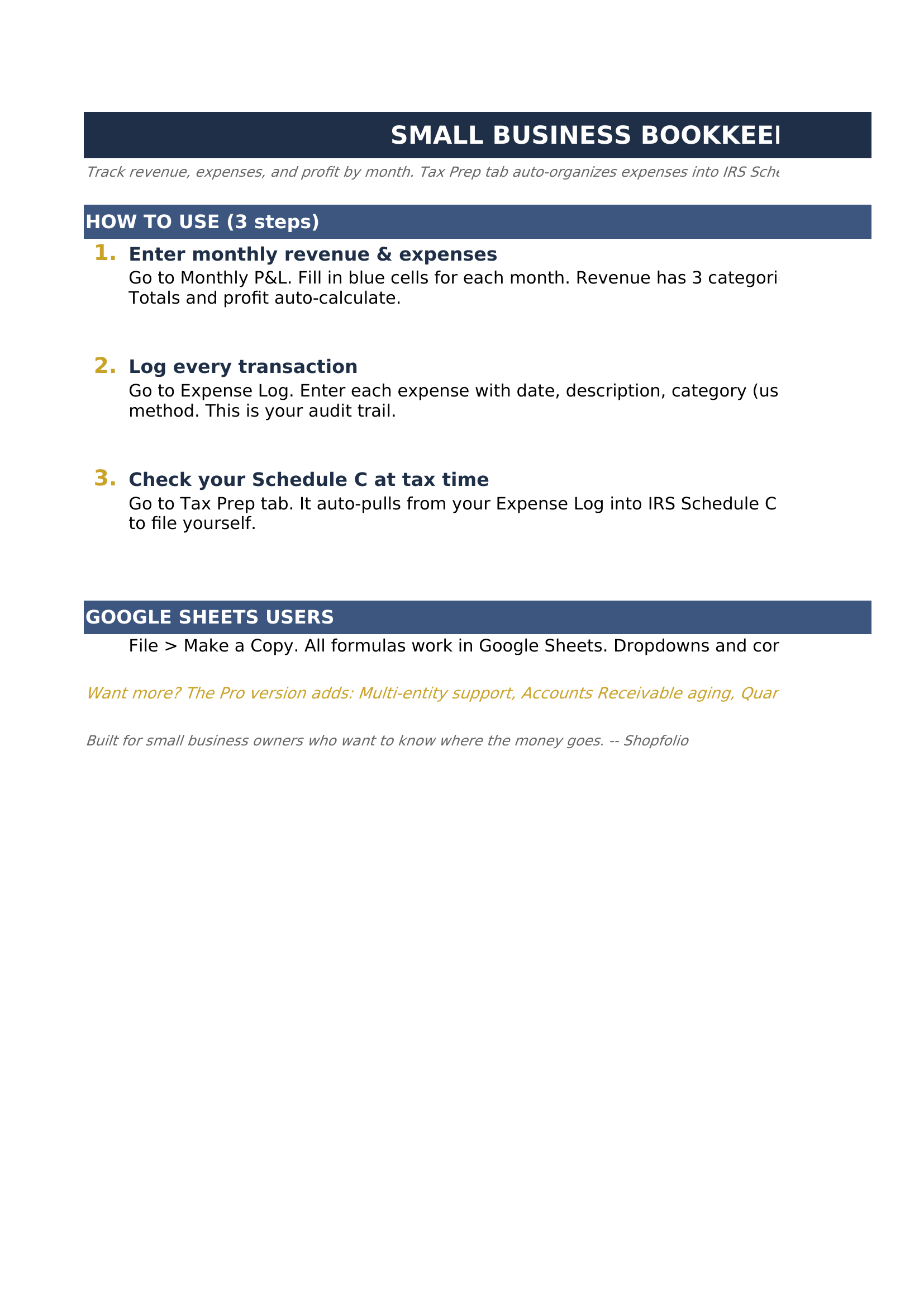 Small Business Bookkeeping with P&L and expense categories
